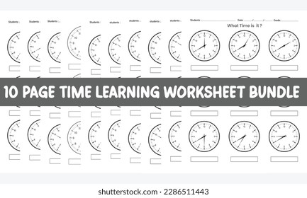  10 page Time Learning Worksheet and telling Time worksheet bundle for kids books