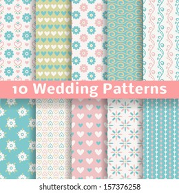 10 Pastel loving wedding vector seamless patterns (tiling). Fond pink, green, white and blue colors. Endless texture can be used for printing onto fabric and paper or invitation. Heart, flower, curl.