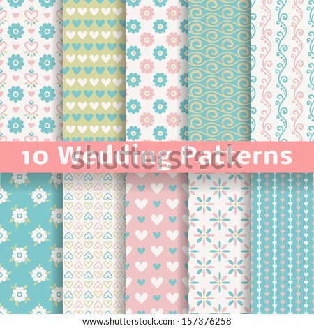10 Pastel loving wedding vector seamless patterns (tiling). Fond pink, green, white and blue colors. Endless texture can be used for printing onto fabric and paper or invitation. Heart, flower, curl.