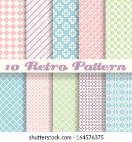 10 Pastel retro different vector seamless patterns (tiling). Endless texture can be used for wallpaper, pattern fills, web page background, surface textures. Set of monochrome geometric ornaments.