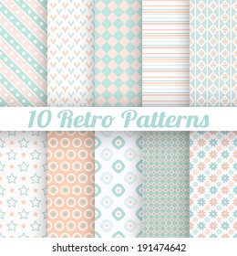 10 Pastel retro different vector seamless patterns (tiling). Endless texture can be used for wallpaper, web page background, surface textures. Set of geometric ornaments. Orange, blue and white colors