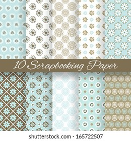 10 Pattern papers for scrapbook (tiling). Blue, white and brown shabby color. Endless texture can be used for printing onto fabric and paper or scrap booking. Flower abstract shape. Baby wallpaper.