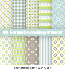10 Pattern papers for scrapbook (tiling). Blue, white, green and brown shabby color. Endless texture can be used for printing onto fabric and paper or scrap booking. Flower abstract shape.