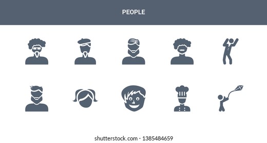 10 people vector icons such as kid flying kite, kitchen chef, little boy face, little girl face, male user manager face contains man dancing, man curly hair and moustache, man with beard, with beret