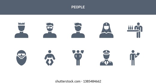 10 people vector icons such as acting class, airplane pilot, angry man, baby, bald man face with beard and sunglasses contains barman, bishop face, boy face, boy with glasses, boy with headband.