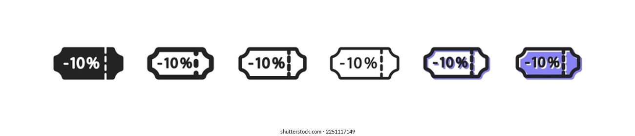 10 percent dicount set icon. Shopping items, package, discount sticker, label, buy, purchase, shop, store, customer, packet. Sale concept. Six vector line icon in different styles