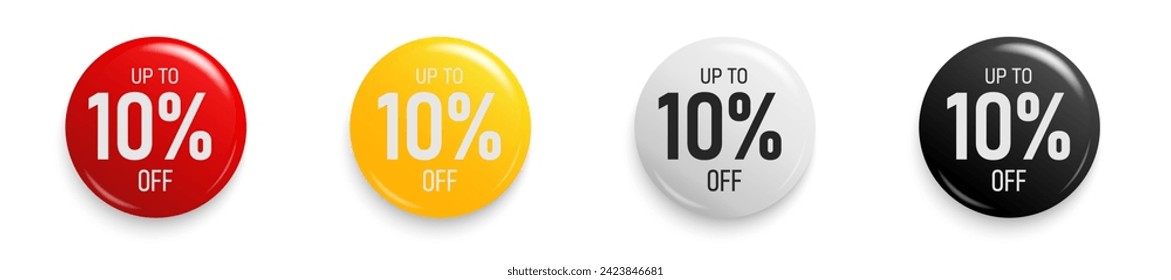 Hasta un 10% de descuento. Cartel de la parodia de la etiqueta adhesiva. Juego de insignias promocionales para marketing de compras y venta de autorización de publicidad, oferta especial, Ahorra 10 por ciento. Ilustración vectorial.