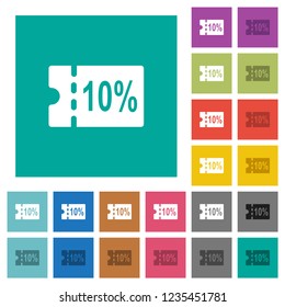 10 percent discount coupon multi colored flat icons on plain square backgrounds. Included white and darker icon variations for hover or active effects.