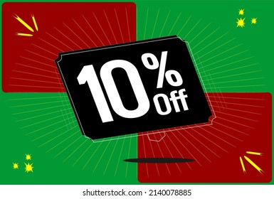 -10 percent discount. 10% discount. Up to 10%. Green and red banner with floating balloon for promotions and offers.  Vector. Discount and offer board.
