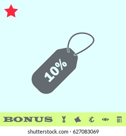 10 percent discount icon flat. Grey pictogram on blue background. Vector illustration symbol and bonus buttons medal, cow, earth, eye, calculator