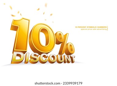 10 Prozent Rabatt auf die Nummer Symbol 3d Schriftgelbe orangefarbene Gold einzeln auf weißem Hintergrund. Werbung, Coupons, Verkaufsförderung. Illustrator 3D-Vektordatei.