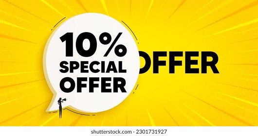10 percent discount offer tag. Chat speech bubble banner. Sale price promo sign. Special offer symbol. Discount speech bubble message. Talk box background. Vector