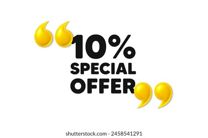 10 por ciento de descuento etiqueta de oferta. comillas 3d con texto. Signo de promoción de Precio de venta. Símbolo de oferta especial. Mensaje de descuento. Anuncio de frases con comillas dobles 3d. Vector