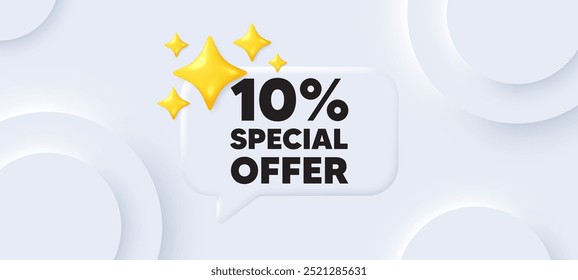Etiqueta de oferta de 10 por ciento de descuento. Fondo neumórfico con burbuja de discurso de chat. Signo de promoción de Precio de venta. Símbolo de oferta especial. Descuento mensaje de voz. Anuncio con estrellas 3D. Vector