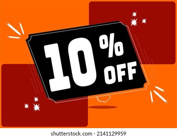 -10 percent discount. 10% discount. Up to 10%. Orange and red banner with floating balloon for promotions and offers.  Vector. Discount and offer board.