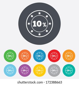 10 percent discount sign icon. Sale symbol. Special offer label. Round colourful 11 buttons. Vector