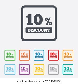 10 percent discount sign icon. Sale symbol. Special offer label. Round squares buttons with frame. Vector