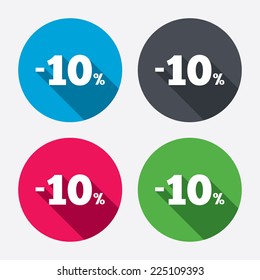 10 percent discount sign icon. Sale symbol. Special offer label. Circle buttons with long shadow. 4 icons set. Vector