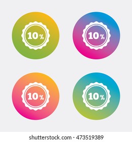 10 percent discount sign icon. Sale symbol. Special offer label. Gradient flat buttons with icon. Modern design. Vector