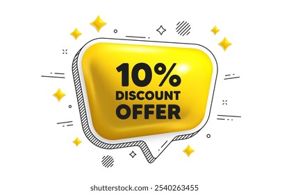 10 percent discount tag. Chat speech bubble 3d icon. Sale offer price sign. Special offer symbol. Discount chat message. Speech bubble banner with stripes. Yellow text balloon. Vector