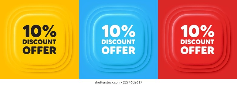 10 percent discount tag. Neumorphic offer banners. Sale offer price sign. Special offer symbol. Discount podium background. Product infographics. Vector
