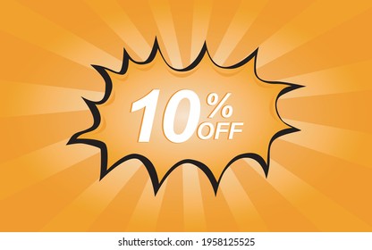 10 percent discount. Yellow and orange banner with balloon for promotions and offers.