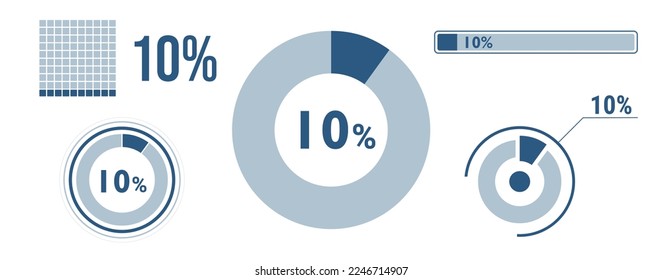 10 percent loading data icon set. Ten circle diagram, pie donut chart, progress bar. 10% percentage infographic. Vector concept collection, blue color.