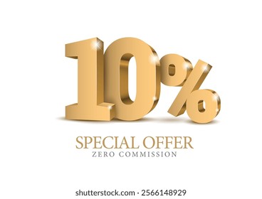 10 percent number. Ten number in gold 3d. Poster template for discount, sale discount, work progress. Vector illustration