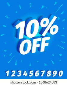 10 percent off. 3d letters on a blue background. Advertising promotion poster. Slogan, call for purchases offer. Vector color Illustration text marketing clipart.