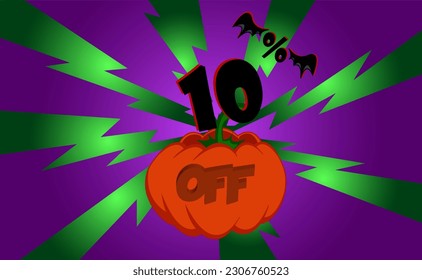 10 percent off. Banner, with pumpkin, green rays and purple background with gradient, bat wings, halloween theme.