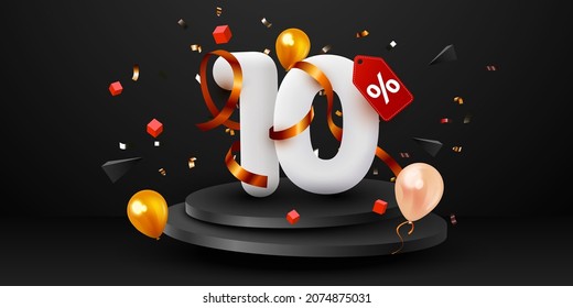 10% de descuento. Composición de venta de viernes negro con objetos decorativos, globos, confiti dorado, podio. Cartel y afiche de descuento. Ilustración vectorial.