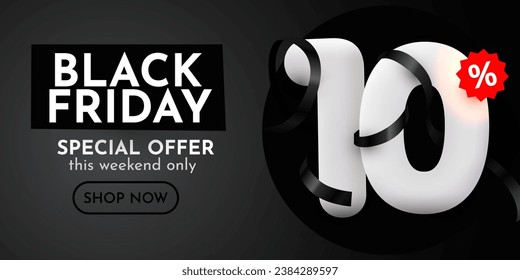 10 percent Off. Black Friday Sale composition with decorative objects, balloons, golden confetti, podium. Discount banner and poster. Vector illustration.