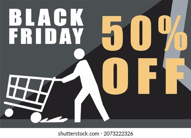 10 percent off, black and gray banner with a man with shopping cart for black friday, offers and promotions