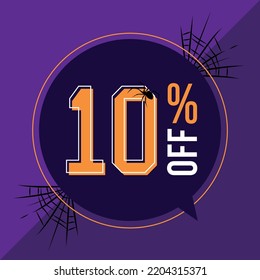 10 percent off. Discount for big sales Halloween. Purple balloon, orange and white colors and purple background with webs and spiders