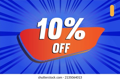 10% percent off discount blue and orange shape with retro sunburst rays and halftone for promotion and offers