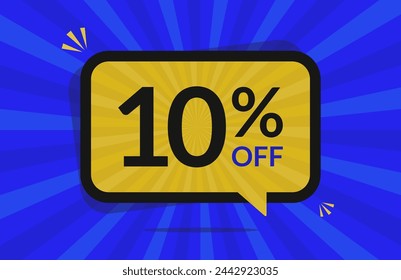 10 percent off. 10% discount. Blue and Yellow banner with floating balloon for promotions and offers.