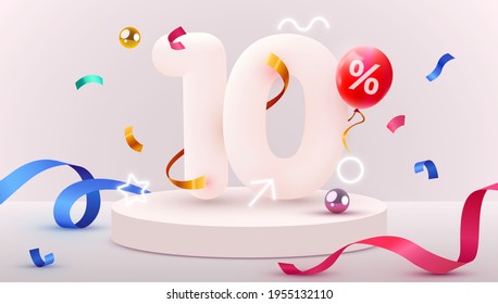 10 percent Off. Discount creative composition. 3d sale symbol with decorative objects, heart shaped balloons, golden confetti, podium and gift box. Sale banner and poster. Vector illustration. - Shutterstock ID 1955132110