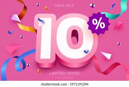 10 percent Off. Discount creative composition. 3d mega sale 10% symbol with decorative objects. Sale banner and poster. Vector illustration.