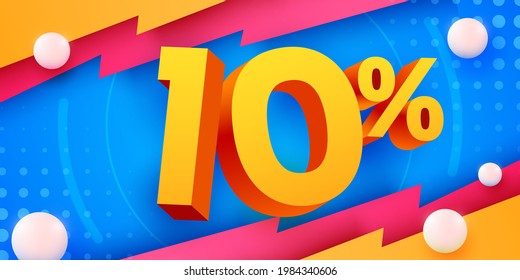 10% de descuento. Descubre la composición creativa. 3 d mega venta 10% símbolo con objetos decorativos. Cartel y afiche de venta. Ilustración vectorial.