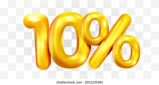 10 percent Off. Discount creative composition of golden balloons. 3d mega sale or ten percent bonus symbol on transparent background. Sale banner and poster. Vector illustration.