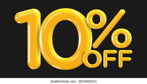 10 percent Off. Discount creative composition of golden or yellow balloons. 3d mega sale or ten percent bonus symbol on black background. Sale banner and poster. Vector illustration.