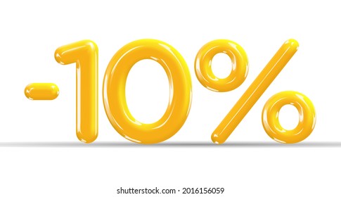 10 percent Off. Discount creative composition of golden or yellow balloons. 3d mega sale or ten percent bonus symbol on white background. Sale banner and poster. Vector illustration.