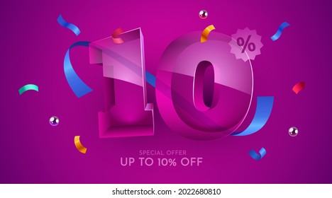 10 percent Off. Discount creative composition. 3d mega sale 10% symbol with decorative objects. Sale banner and poster. Vector illustration.