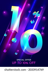 10% de descuento. Descubre la composición creativa. Mega venta Banner de 10% neón. Ilustración vectorial.