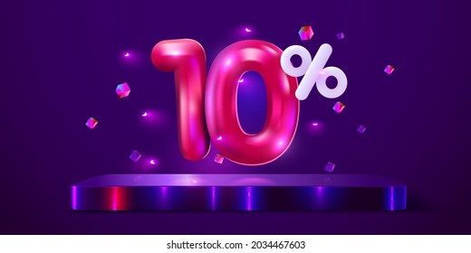 10% de descuento. Descubre la composición creativa. Mega venta Banner de 10% neón. Ilustración vectorial.