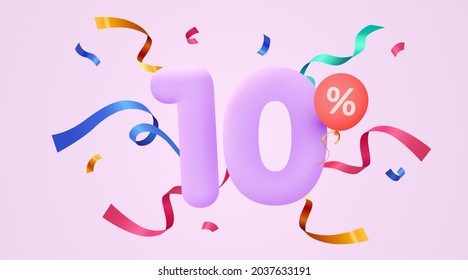 10 percent Off. Discount creative composition. 3d sale symbol with decorative confetti. Sale banner and poster. Vector illustration.