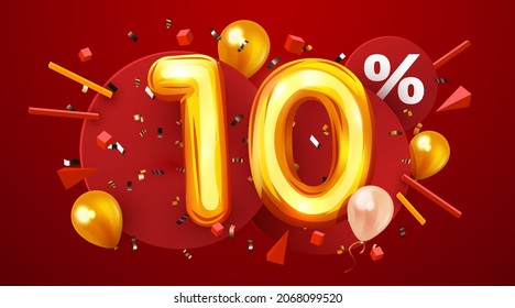 10 percent Off. Discount creative composition. 3d golden sale symbol with decorative balloons and confetti. Sale banner and poster. Vector illustration