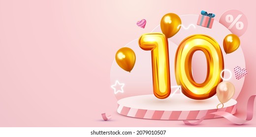 10 percent Off. Discount creative composition. Sale symbol with decorative objects, heart shaped balloons, golden confetti, podium and gift box. Sale banner and poster. Vector illustration.