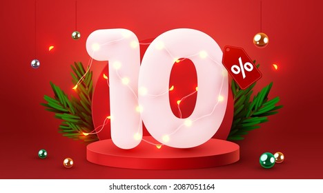 10 percent Off. Discount creative composition. 3d sale symbol with decorative objects. Sale banner and poster. Vector illustration.