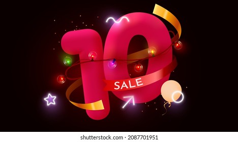 10 percent Off. Discount creative composition. 3d sale symbol with decorative objects. Sale banner and poster. Vector illustration.